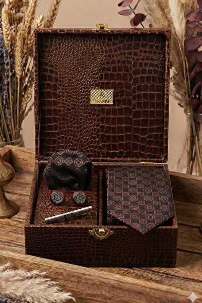 Kravatkolik Brown Men's Gift Box - Tie with Handkerchief Cufflinks Tie Clip Kmk102