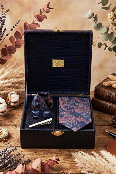 Kravatkolik صندوق هدايا للرجال باللون الأزرق الداكن - ربطة عنق مع منديل وأزرار أكمام ومشبك ربطة عنق KMK107