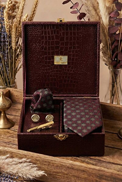 Kravatkolik صندوق هدايا رجالي باللون الأحمر الداكن - ربطة عنق مع منديل وأزرار أكمام ومشبك ربطة عنق KMK84