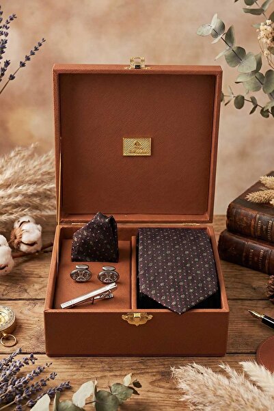 Kravatkolik Taba Men's Gift Box - Tie with Handkerchief Cufflinks Tie Clip Kmk106