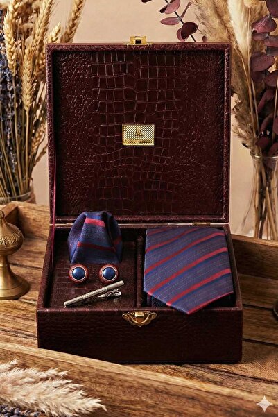Kravatkolik Cutie cadou pentru bărbați Burgundy - Cravată cu batistă, butoni, agrafă pentru cravată KMK101