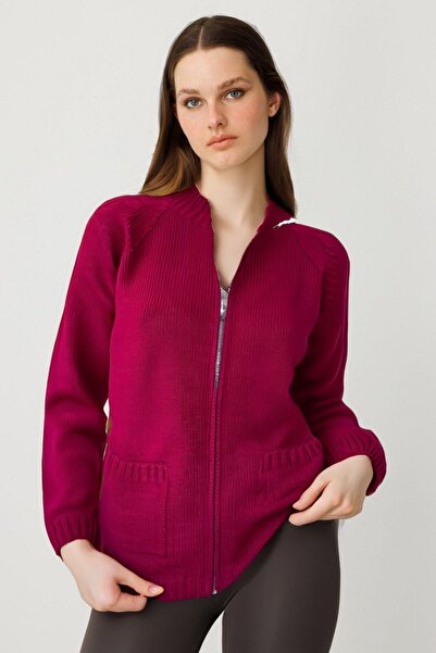 Desen Triko Women's Mock Neck Pocket Basic Wool Cardigan V.Çürüğü