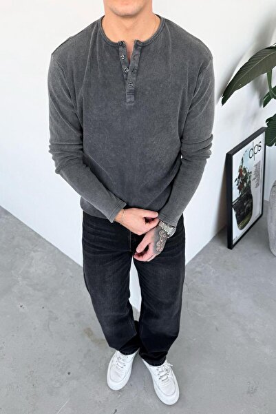 HAFKAGİYİM Anthracite Basic Corded Fabric Button Collar Relax Fit Long Sleeve T-Shirt