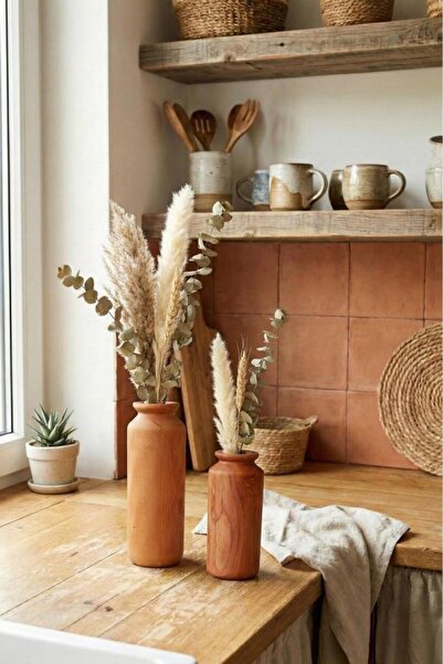 Atbyhome Ahşap Vazo 2'li Asper Büyük Küçük Dekoratif Saksı