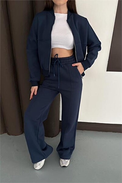 Neşeli Butik Set de trening pentru femei, albastru închis, cu buzunare, cu fleece în interior, cu 3 fire RYHS001