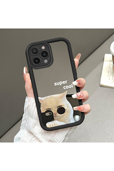 iPhone 16 Pro Max Compatible Fall Resistant Black Silicone Case Mirror Face Bad Cat Patterns