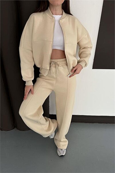 Neşeli Butik Set de trening pentru femei, bej, cu fermoar, cu 3 fire, NBESF01