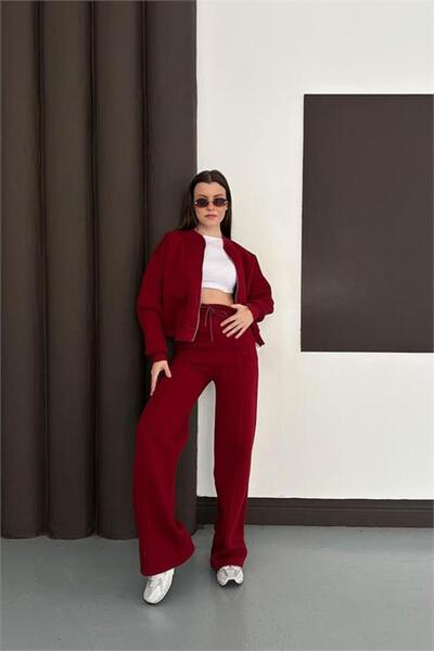 Neşeli Butik Set de trening pentru femei, bordeaux, cu buzunare, cu fleece în interior, cu 3 fire RYHS001