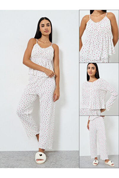 Styli Pack of 3 - Cherry Print Bust Gather Cami, Shirt and Pyjama