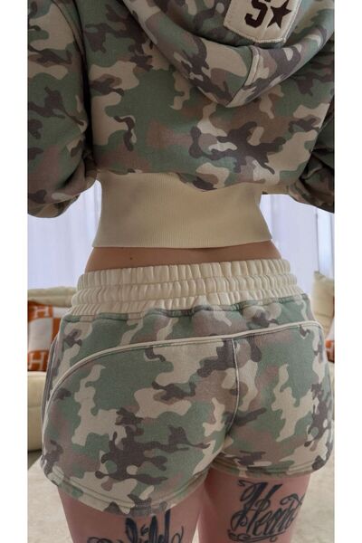 BALİNA Kamuflaj Patch Star Şortlu Korse Kesim Kapüşonlu Takım