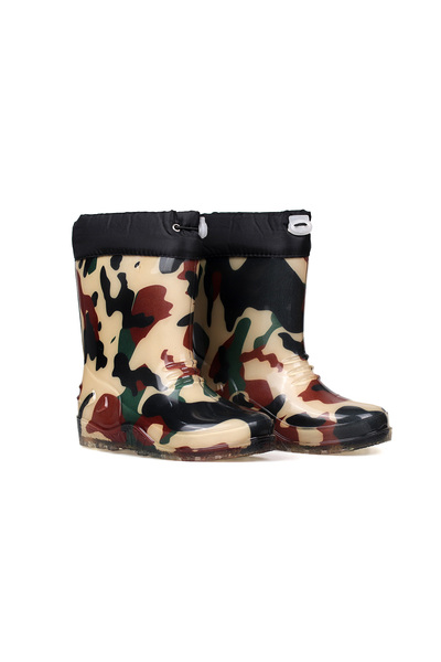 KAJILA Bej Kamuflaj Desenli Çocuk Yağmur Çizmesi, Su Geçirmez, Kaymaz Tabanlı...