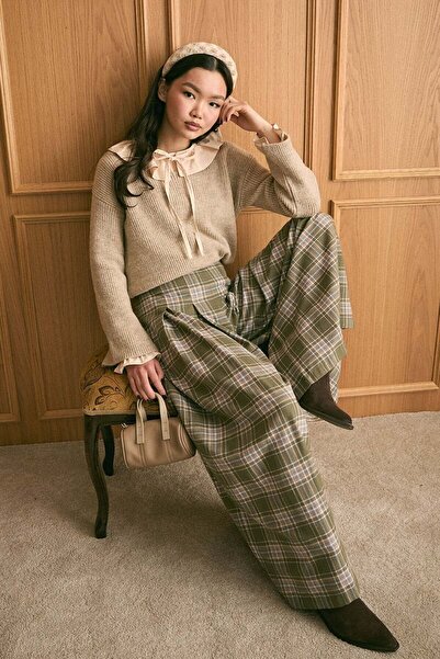 Ceylan Otantik Khaki Plaid Pleated Detail Wide Leg Trousers