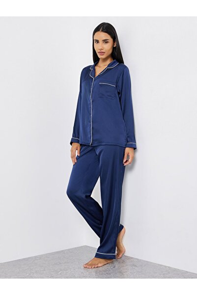 Styli Matte Satin Piped Detail Pocket Shirt and Pyjama Set