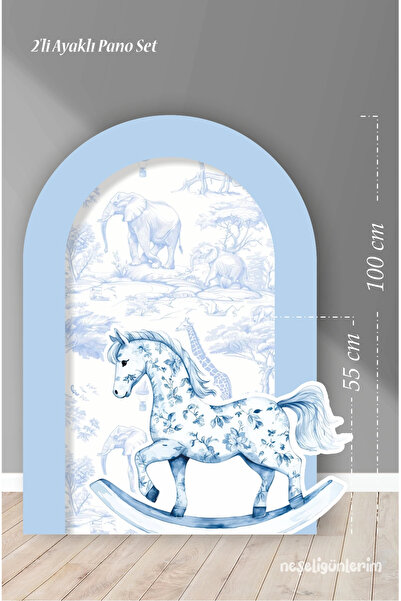 neşeli günlerim مجموعة من لوحتين ذات أرجل، خلفية سفاري زرقاء، تصميم الحصان الهزاز / 100 سم - 55 سم