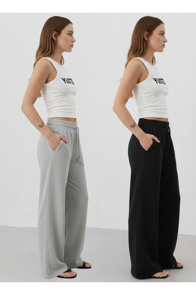 yx yustex sport مبطن بالصوف بنطال رياضي شتوي نسائي قطعتين أسود + رمادي واسع ا...