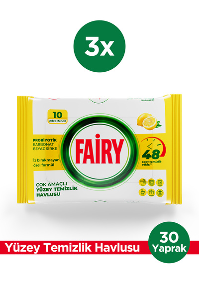 Fairy Çok Amaçlı Yüzey Temizlik Havlusu 10 Yaprak 3 Adet | Limon Yağlı | Beyaz Sirke & Karbonat