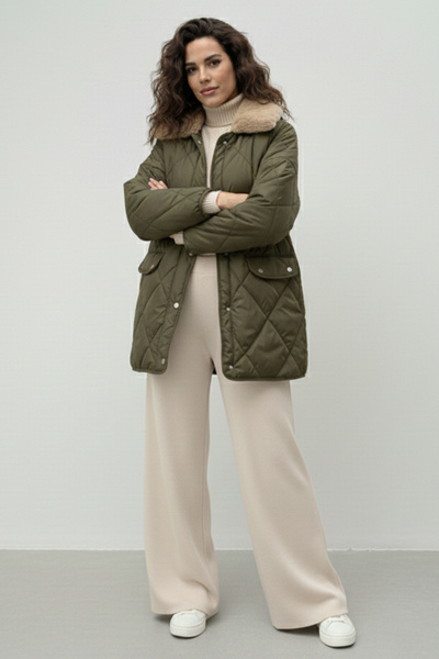 benguen Yakası Kürklü Kapitone Mont K9180 Haki