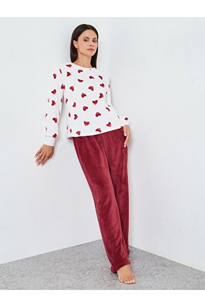 Styli Women Heart Print Fleece Top and Pyjama Set