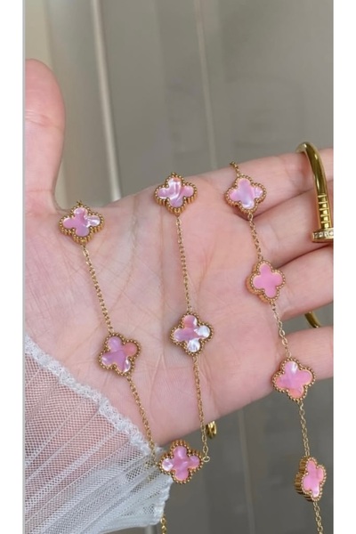 GUNESTAKI Gold Sedefli Pembe Yonca Çelik Kolye Bileklik Set