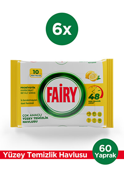 Fairy Çok Amaçlı Yüzey Temizlik Havlusu 10 Yaprak 6 Adet | Limon Yağlı | Beya...