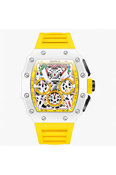 onola 6827W Ceas Skeleton Silicone 44mm Quartz Waterproof 3ATM – Design Tonneau,Curea Galbena
