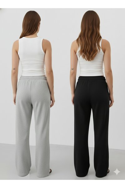 yx yustex sport Transitional Women's 2 Piece Black + Gray Wide-Leg Baggy Plus Size Pocketed Adjustable Sweatpants