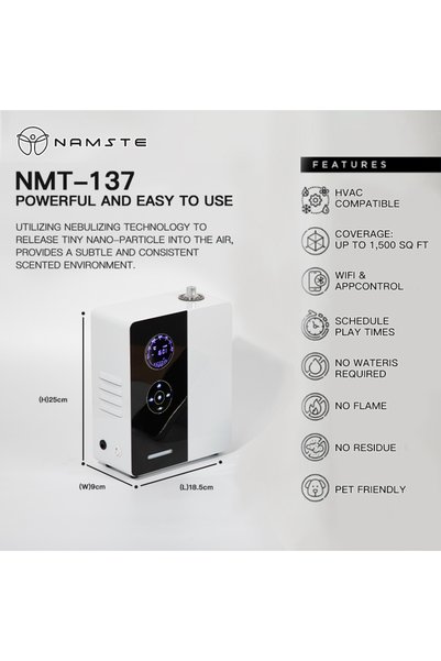 NAMSTE موزع العطور الذكي NMT-137 لأنظمة التكييف والتهوية، يعمل بتقنية البلوتوث، ويغطي مساحة تتراوح بين 300 و500 متر مكعب.