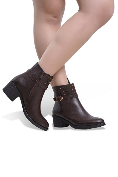 Ambar Ayakkabı Kadın Streç Bot Bilekli Taşlı Detaylı Kısa Küt Kalıp Deri Kali...