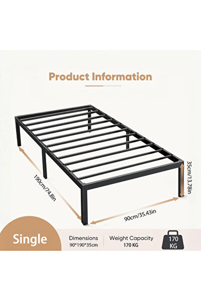 Yanara إطار سرير معدني ذو قاعدة مسطحة 90 × 190 سم مع مساحة تخزين أسفل السرير،...