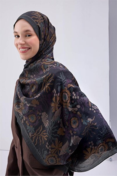 Silk Home Viskon Mayda Shawl Navy Blue Background Multi-Colored Patterned Sof...