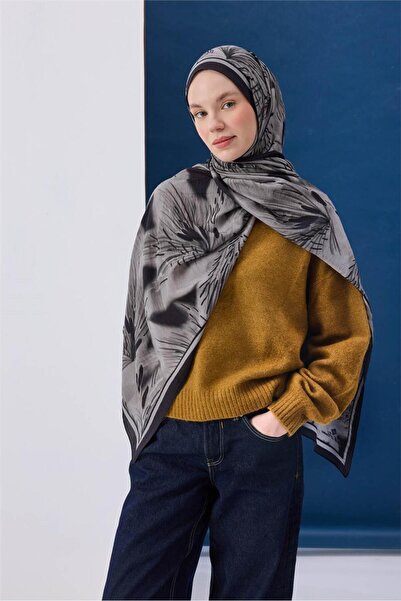 Silk Home Viscose Mayda Shawl Gray Background with Black Detailed Pattern Sof...