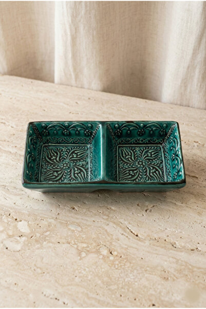 Zera Dizayn El Yapımı Seramik 2 Bölmeli Sunumluk – Hediyelik - Çerezlik - Sosluk