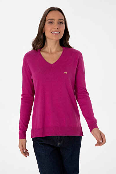 U.S. Polo Assn. سترة نسائية أساسية باللون الوردي وياقة على شكل حرف V 50313598-VR252