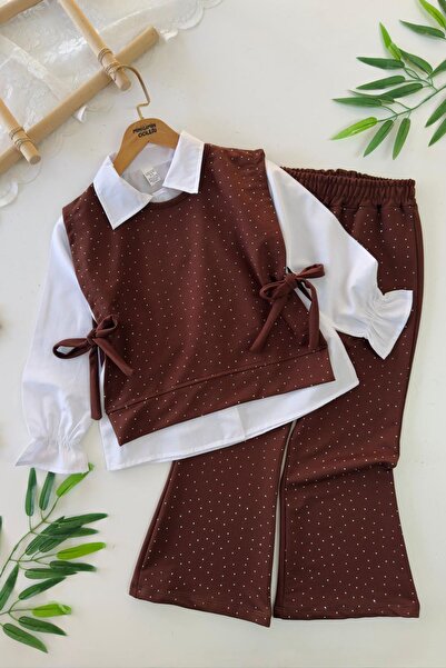 Minigimin Cicileri Miniğimin Cicileri Риза с каменни детайли 3-компонентен комплект за момичета - кафяв