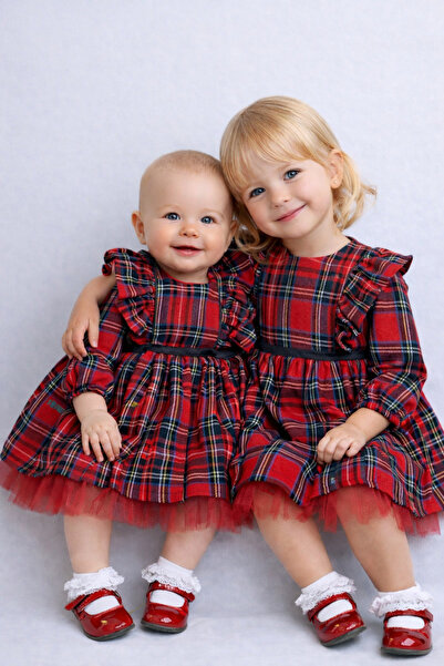 Cumino Kız Bebek Ekose Tül Detaylı Pamuk Astarlı Uzun Kollu Elbise (6–24 Ay)