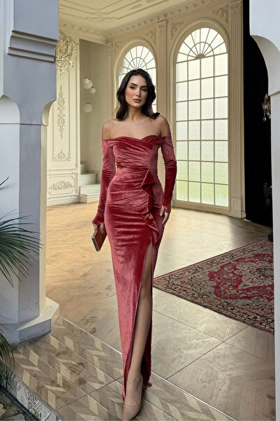 Sindimoda Ahsen Kayık Yaka Kadife Abiye 9298