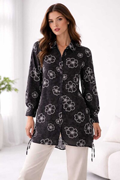 Butik Eylül Relaxed Fit Floral Patterned Shirt with Lace-Up Sides