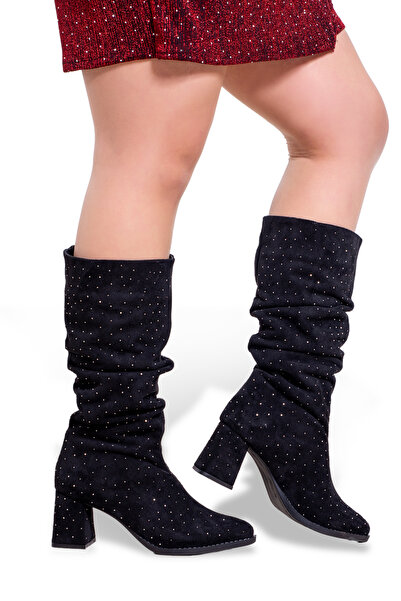 Ambar Ayakkabı Kadın Süet Taşlı Siyah Renkli Uzun Taşlı Desenli Süet Bot