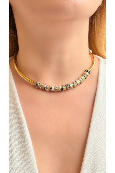 EMOSH de Lamour قلادة من حجر الجاسبر الطبيعي المرقط |   قلادة عصرية ذهبية اللون |   حجر التوازن والحماية