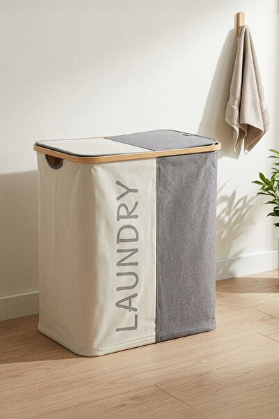 Digithome Bambu 2 Bölmeli Kirli Çamaşır Sepeti Banyo Düzenleyici Sepet 53,5X2...