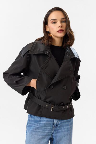 TIFFANY&TOMATO Deri Detaylı Kısa Trençkot