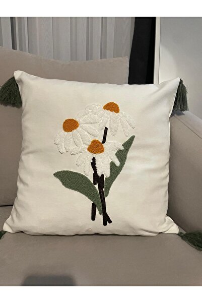 nissahome غطاء وسادة بوهو منقوش بنقشة البابونج - وسادة زخرفية مزينة بالشراشيب