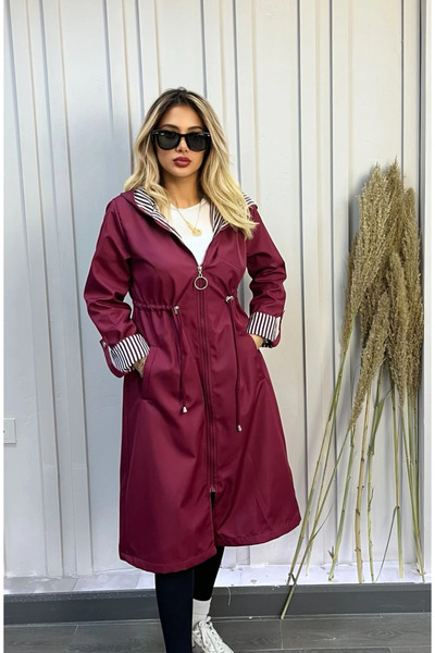VELUNA BUTİK Kadın Modern Trençkot Bordo Mevsimlik Rahat Giyim
