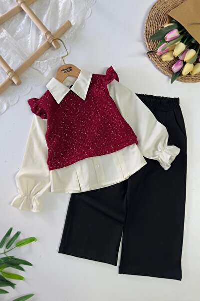 Minigimin Cicileri طقم بناتي مكون من قطعتين من Miniğimin مع تفاصيل تريكو مزينة بالترتر - لون أحمر داكن