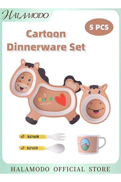 HALAMODO طقم أدوات مائدة للأطفال مكون من 5 قطع بتصميم مهر كرتوني، يشمل أطباقً...