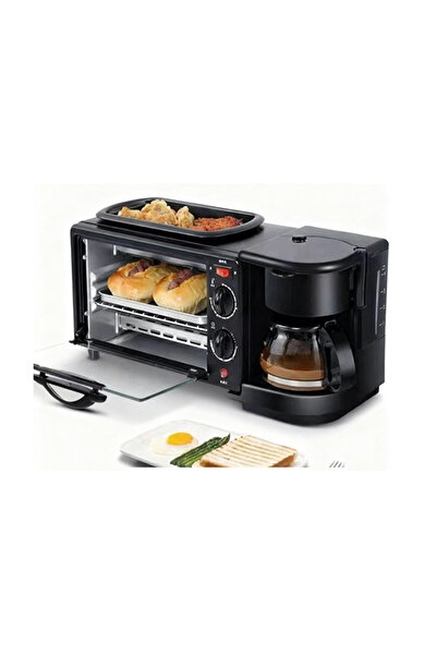 EHOME محطة إفطار كهربائية 3 في 1 مع مؤقت، صينية خبز، رف خبز، مقلاة، إبريق قهوة