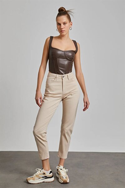 JAXEN Ns-60675 High Waist Beige Mom Jeans Stretch Fabric Colorfast Extra Comfortable Jeans