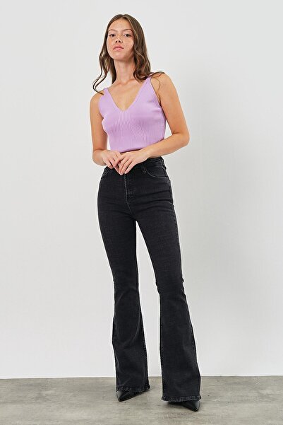 JAXEN Ns-69197 Women's Anthracite Gray Flare High Waist Spanish Leg Jeans