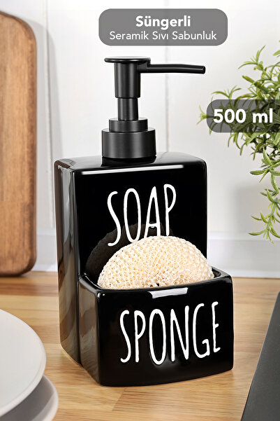Meleni Home Seramik Süngerlikli Sıvı Sabunluk - 500 ml Süngerli Bulaşık Deter...