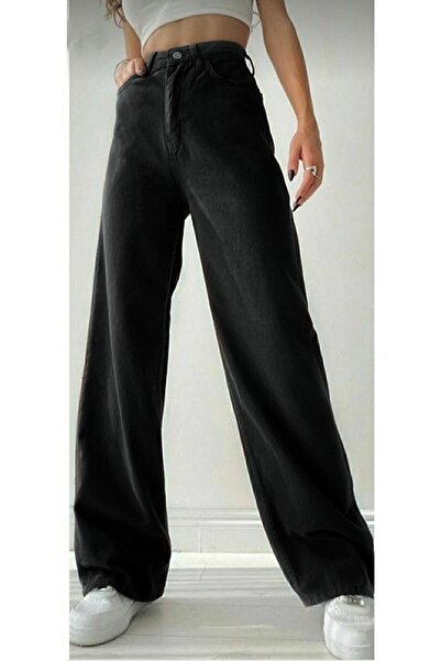 JAXEN NS-12889 talie înaltă Pantaloni negri din denim Pantaloni largi materia...